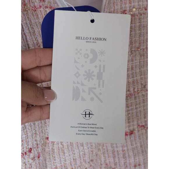 Hello Fashion Tweed mini dress bouclé fabric pink beige structured bustier style - Picture 14 of 14